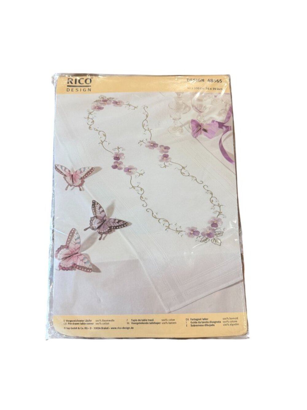 Floral Table Runner Embroidery Kit 48565 16"x39" White Purple Cotton Rico Design